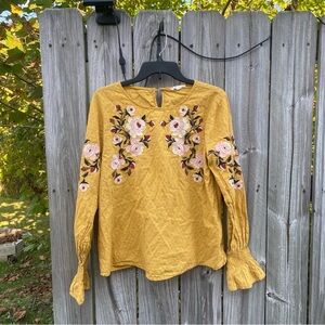 Moderato Mustard Yellow Floral Embroidered Top with cuffed sleeves size L
